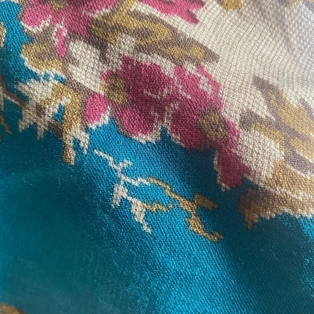 Vintage Glentex Teal Floral Tapestry Square Scarf Fringed Edge Victorian Style